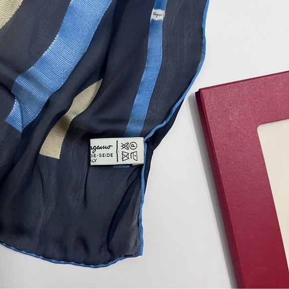 Salvatore Ferragamo Silk Scarf 60" X 16.5" Blue & Beige - Picture 6 of 10